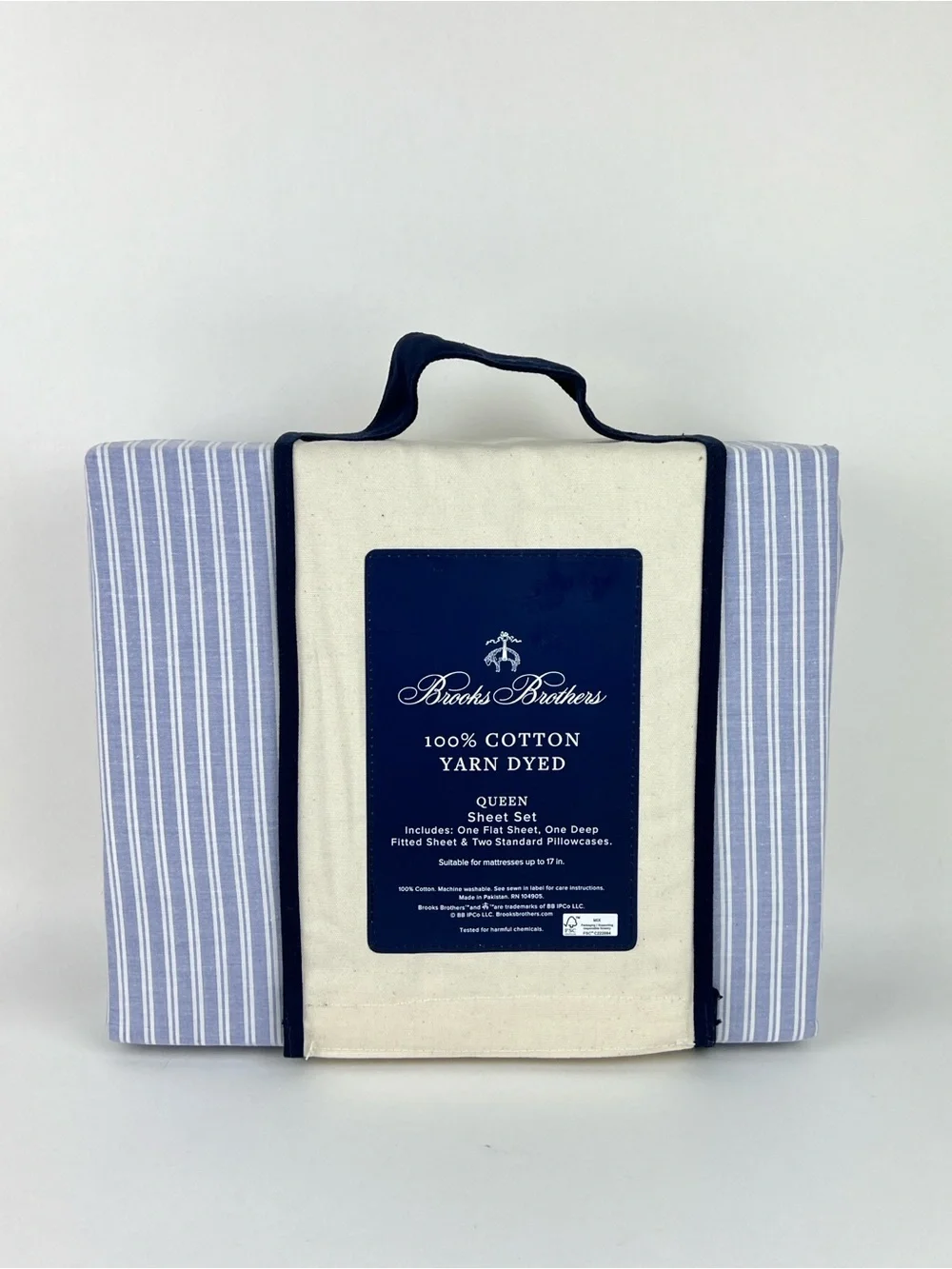 4 Pc Brooks Brothers Queen Sheet Set Blue White Striped Cotton Yarn Dyed NEW